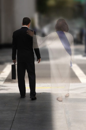 man walking next to jesus