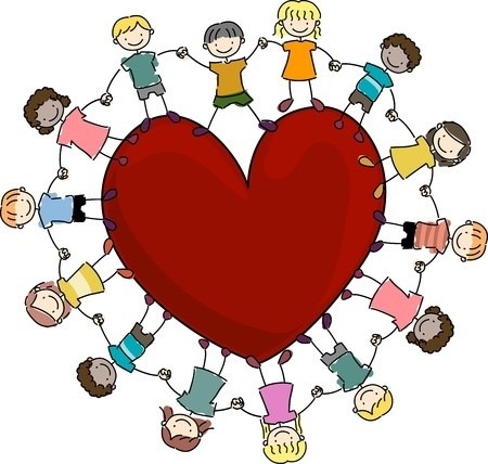 cartoon kids holding hands around a heart